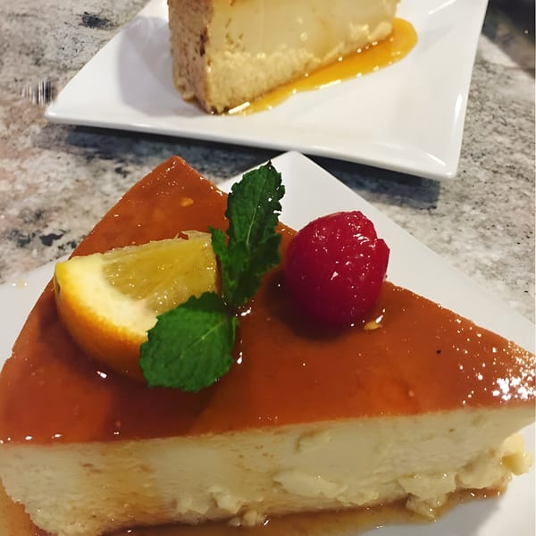 Two slices of Peruvian flan with caramel sauce, garnished with mint, orange, and raspberry.
