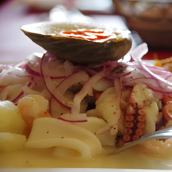Peruvian ceviche with seafood, red onions, and a clam shell garnish at Viva restaurant.